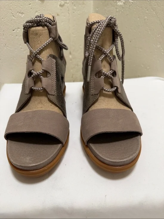 Women's Taupe Suede and Metallic Lace-Up Open-Toe Sandals