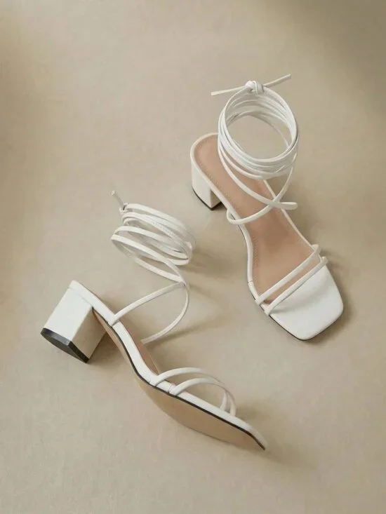 White Strappy Lace-Up Block Heel Sandals