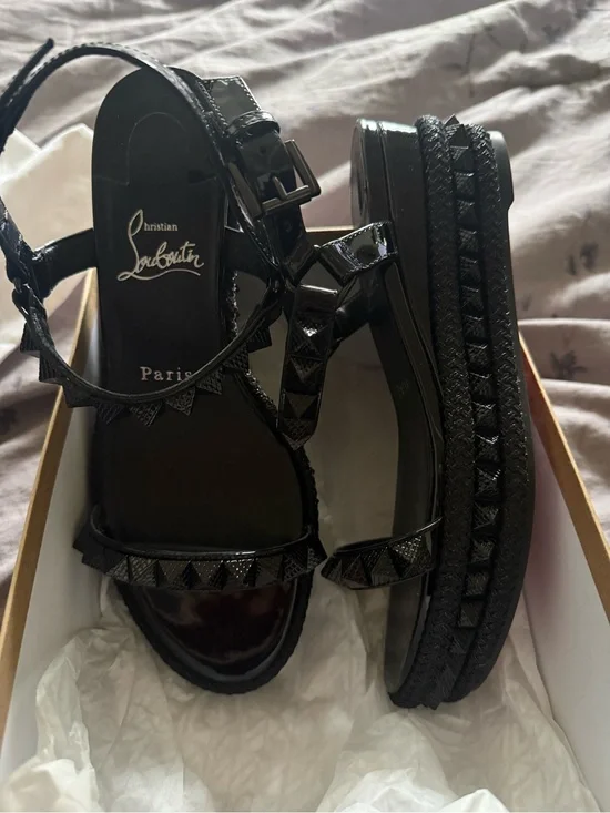 Christian Louboutin Black Patent Platform Studded Sandals pyraclou NEW