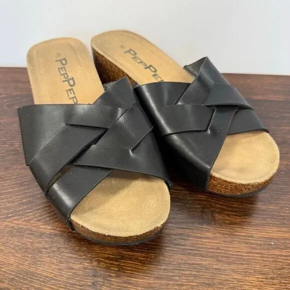PepPep Womens black cork low wedge slide size 8