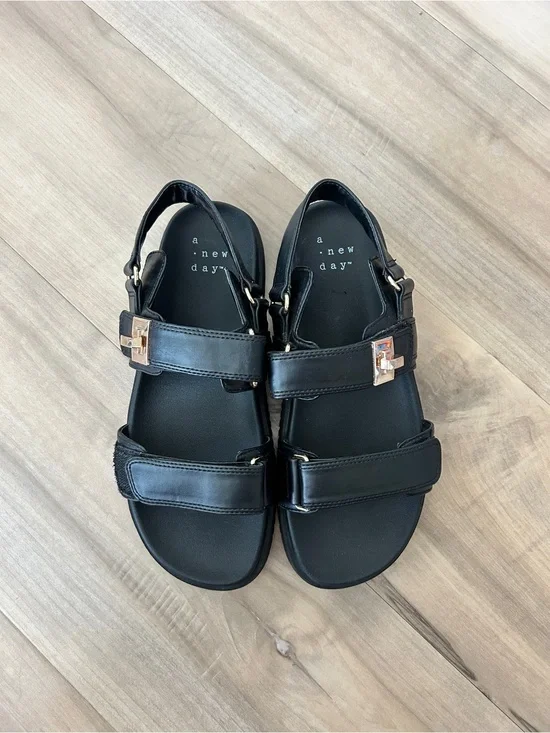 a new day Black Leather Double-Strap Sandals with Gold Buckles
