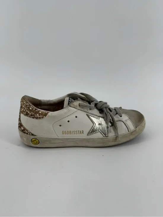 Kids Golden Goose White & Silver Superstar Sneaker with Gold Glitter Heel