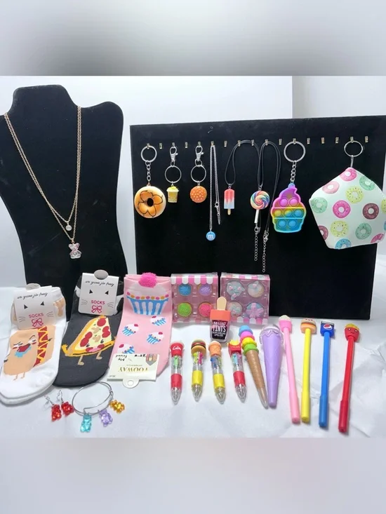 25-Piece Junk Food Themed Mixed Lot Fun Foodie Bundle Pens Erasers Socks Jewelry
