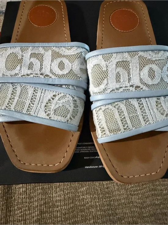 Chloe Light Blue Lace Logo Slide Sandals