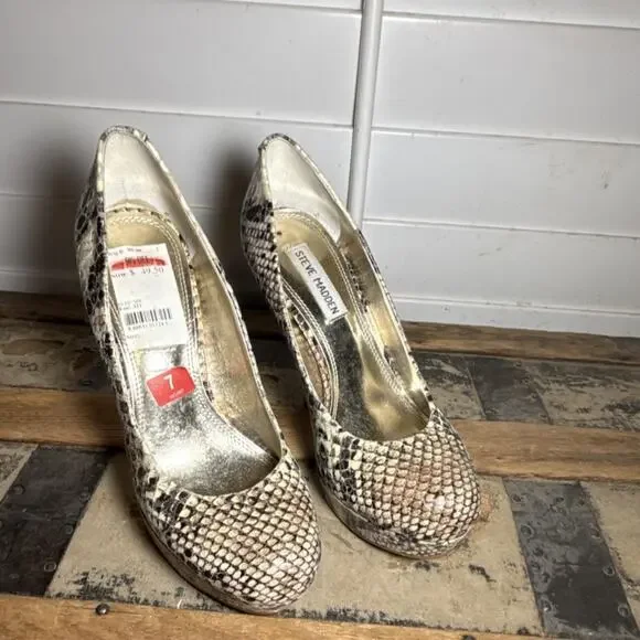 Steve Madden Snake Print Stiletto Pumps Slip On Beige Black Round Toe 7