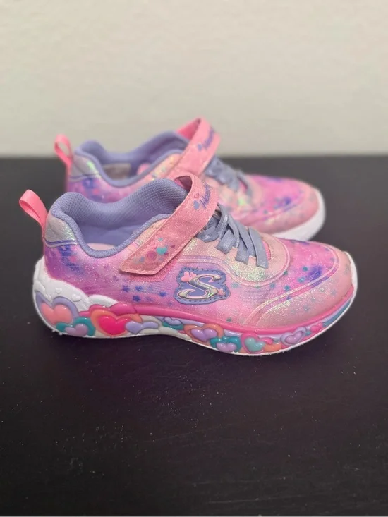 Skechers Kids Pink and Purple Glitter Heart-Trim Light-Up Sneakers