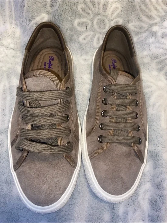Ralph Lauren Taupe Suede Low-Top Sneakers with White Sole