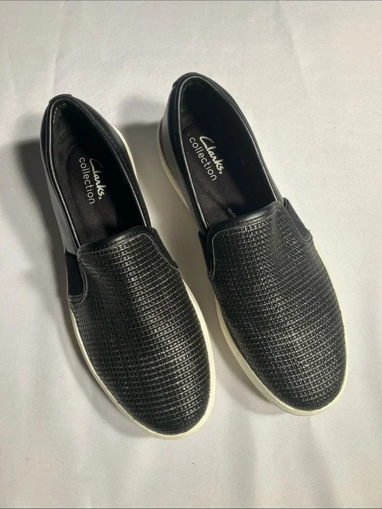 Clarks Black Textured Slip-On Loafers with White Sole