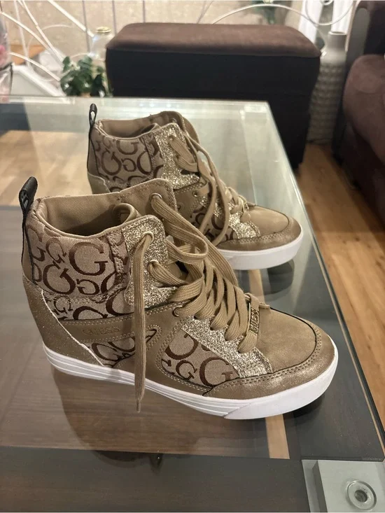 GUESS Women's Tan Logo High-Top Wedge Sneakers size 8