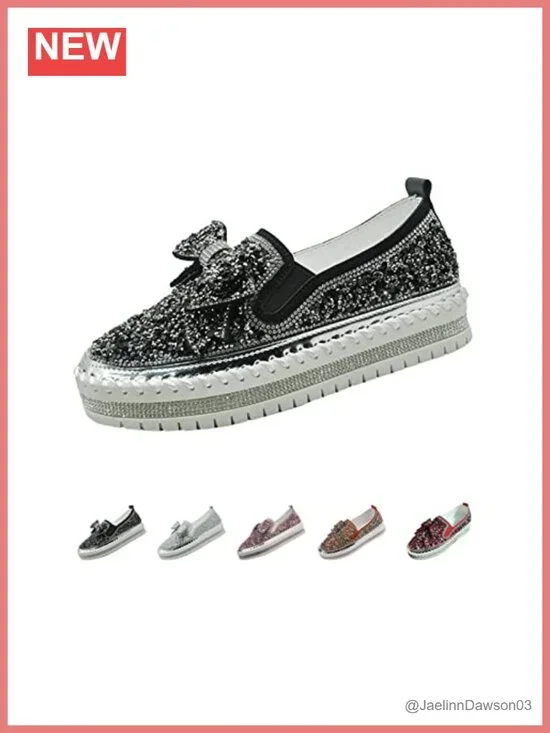 Women's Rhinestone Slip On Sneakers with Bow Faux Leather
