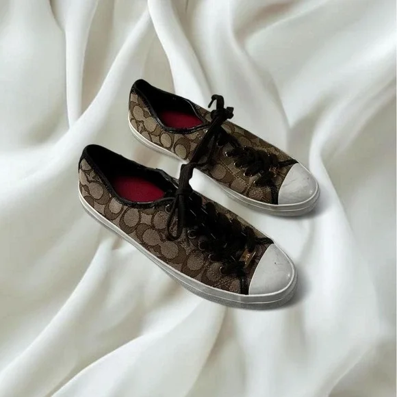 Coach empire brown signature monogram canvas sneakers white rubber caps y2k