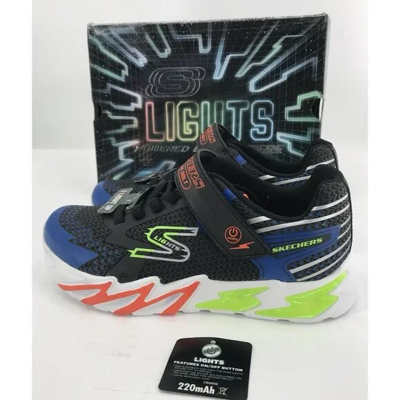 Skechers Boys Size 4‎ Flex-Glow Bolt Light-Up Black/Blue Sneaker Sports Lights