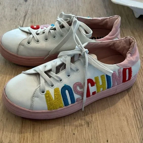 Moschino white pink colorful leather sneakers with tufted branding kids youth 5