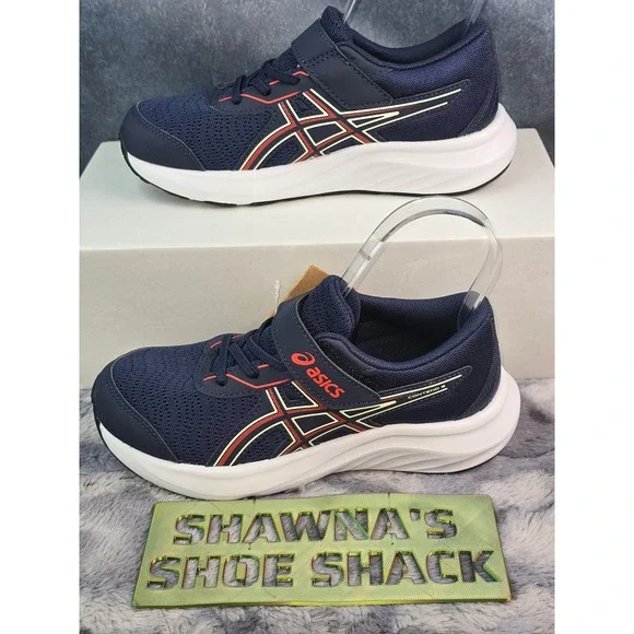 NWT Asics Contend 9 Running Shoes Navy Blue Red Hook and Loop Kids Size 2.5