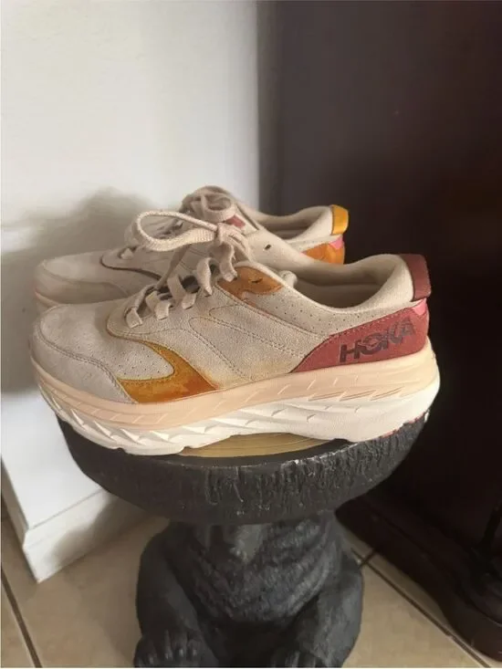 Hoka Beige Suede Sneakers with Orange and Rust Accents