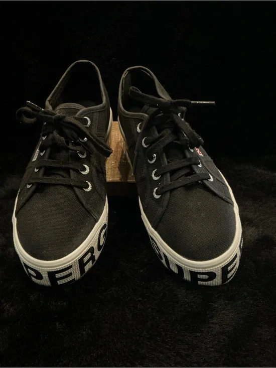 Superga 2790 COTU Black Canvas Platform Sneakers with Logo Sole Women’s 6.5