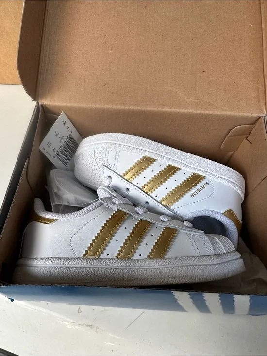 adidas Kids White Sneakers with Gold Stripes