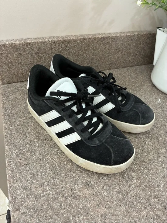 adidas Originals Kids Black Suede Sneakers with White Stripes