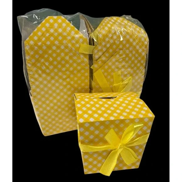 12 Mini Take Out Boxes Gingham Yellow White Check W/ Handle Goody‎ Party Favor