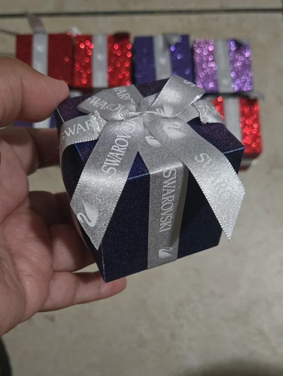 Swarovski Wooden decoration Box  with Silver Branded Ribbon
