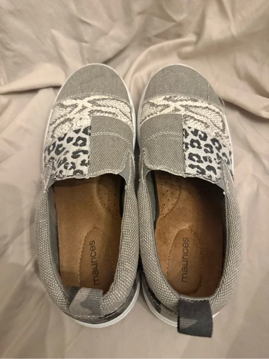 Maurices Gray Slip-On Sneakers with Leopard and Crochet Accents