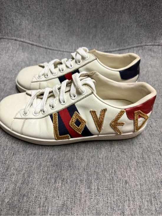 White Leather 'Loved' Low-Top Sneakers with Red & Blue Stripe