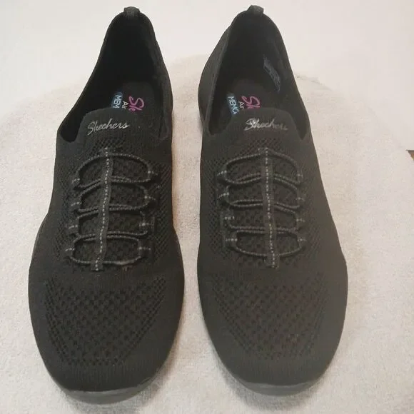 Skechers Shoes Slip On Black Stretch Fit Air Cooled Memory Foam Womens SZ 10 NEW