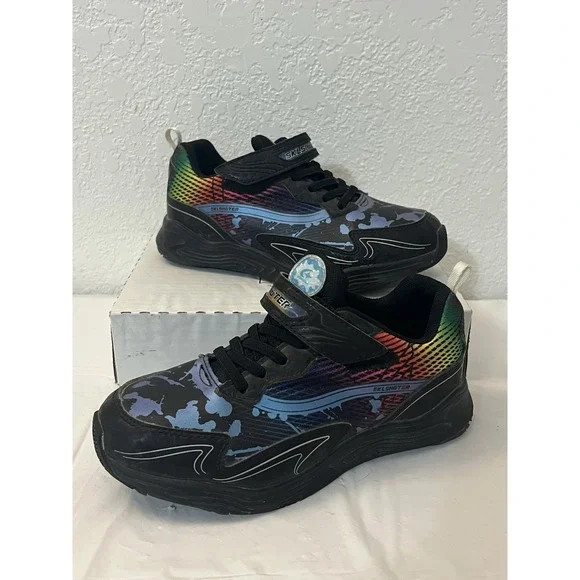 Skill Shooters Boys Sz 2 Waterproof SK009 Tennis Shoes‎ Black Blue Neon Splatter
