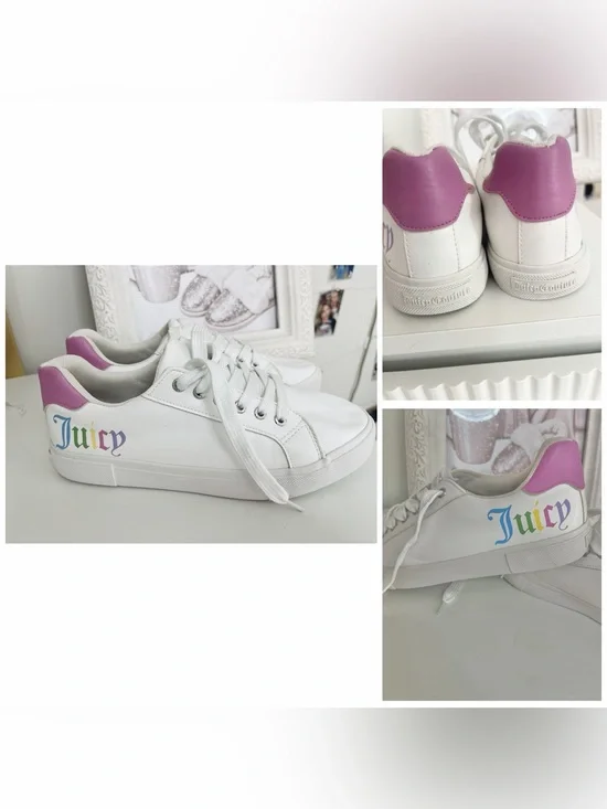 Juicy Couture White Sneakers with Pink Heel and Rainbow Juicy Script