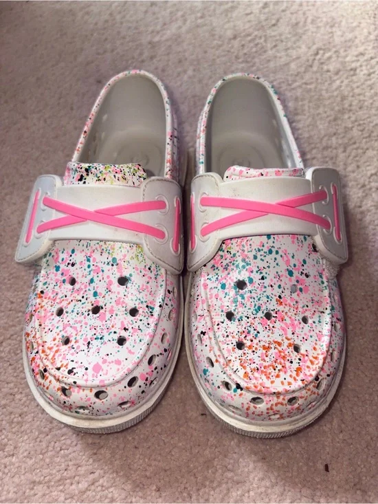 Sperry Kids White Paint-Splatter Dock/Water Shoes with Pink Accents