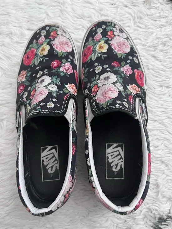 Vans Women’s Floral Slip-On Sneakers - Black with Pink & Red Flowers