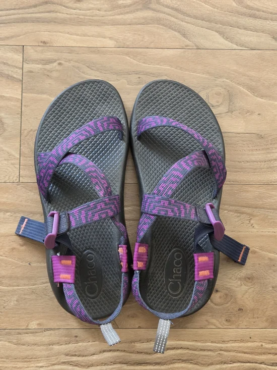Chaco Girl's Purple Patterned Strap Sandals with Gray Footbed
