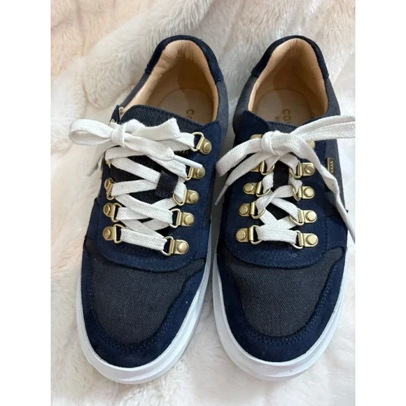 Cole Haan Grand Series Navy Canvas Suede Gold Hardware Sneakers Mens 11.5