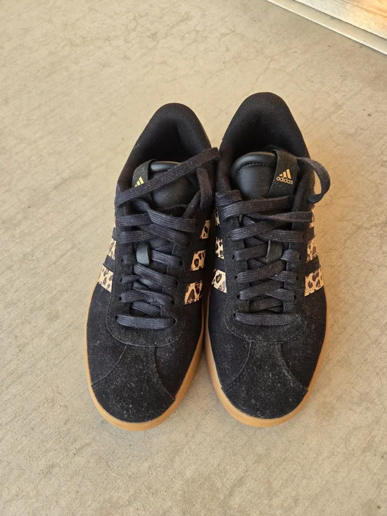 adidas Women’s Black Sneakers with Leopard Print Stripes and Gum Sole