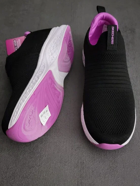 Skechers Black and Pink Slip-On Knit Sneakers with Air-Cooled Memory Foam