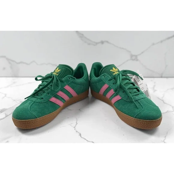 adidas Green Suede Sneakers with Pink Stripes and Gum Sole