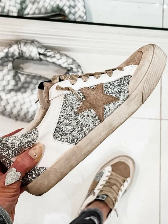 Vintage Silver Glitter and Beige Star Lace-Up Sneakers