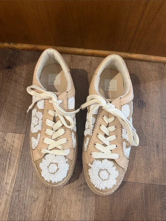 Dolce Vita Beige Sequin Floral Lace-Up Sneakers