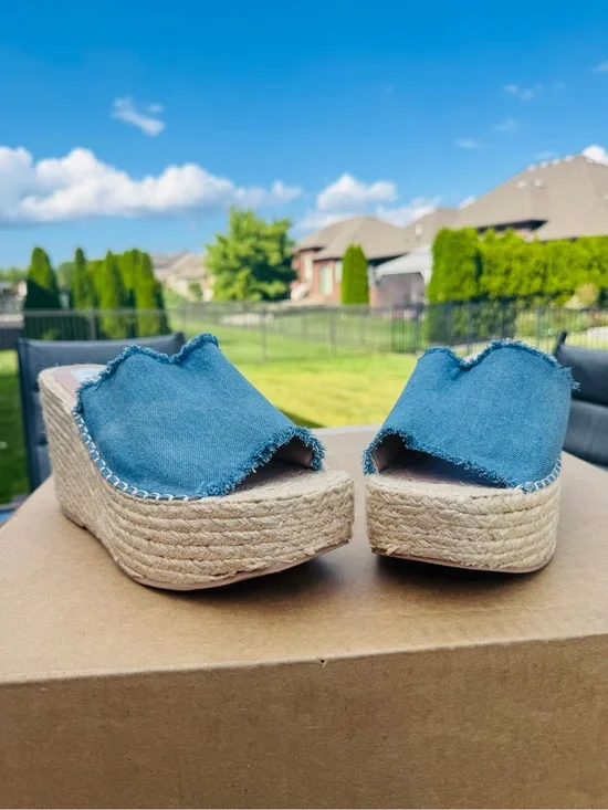 Aqua Blue Denim Frayed Espadrille Wedge Slides
