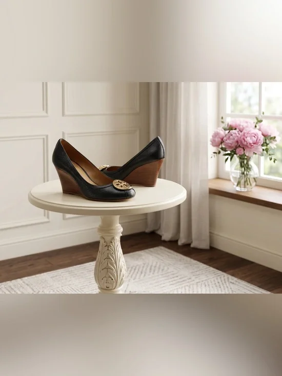Tory Burch Black Leather Wedge Pumps with Gold Logo