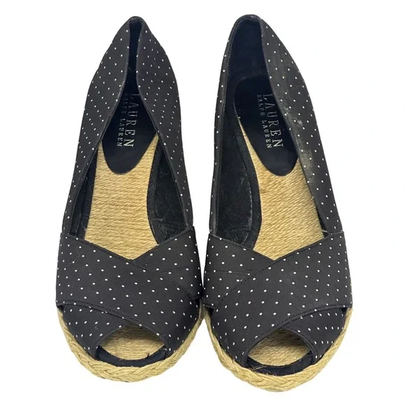 Lauren Ralph Lauren Espadrille Wedges Black Polka‎ Dot Peep Toe Heels Size 8.5