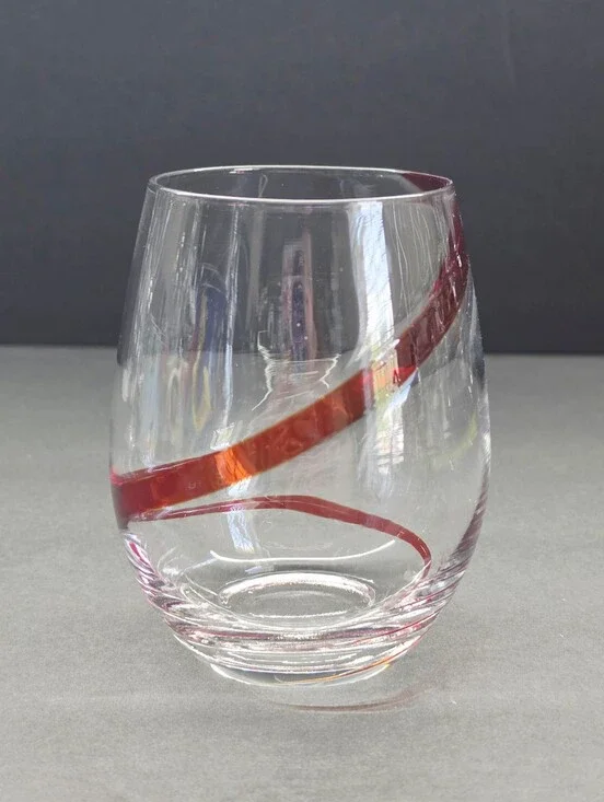 1- Pier 1 Red Swirl Line Discontinued Stemless Clear Wine Glasses 16 oz 5.0”