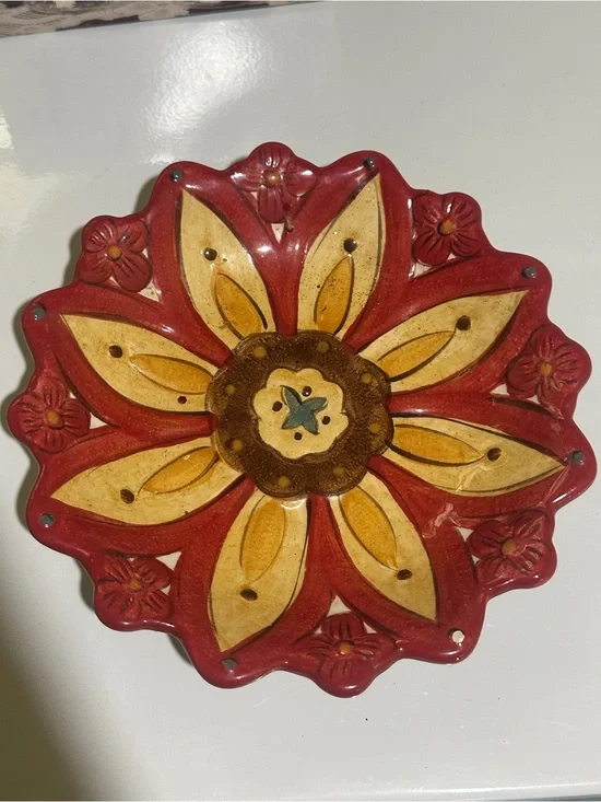 Handcrafted Red and Yellow Ceramic Flower Wall Art