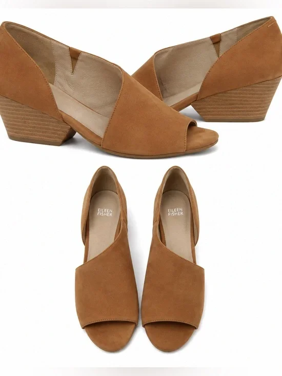 Eileen Fisher Women's Cognac Chestnut Suede D'orsay Open-Toe Wedge Heels 9
