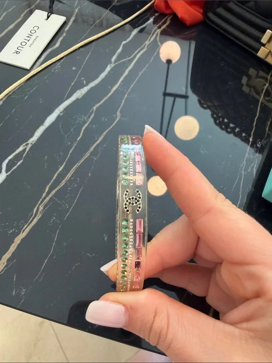 CHANEL Clear Resin Bangle with Pink and Green Crystals