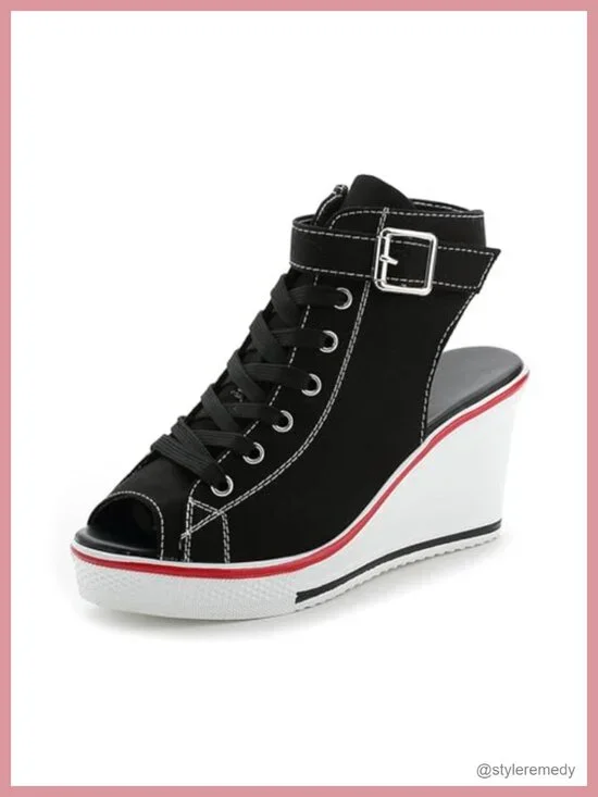 Women's Peep Toe Wedge Sneakers Canvas Platform Shoes Side Zipper Lace Up
