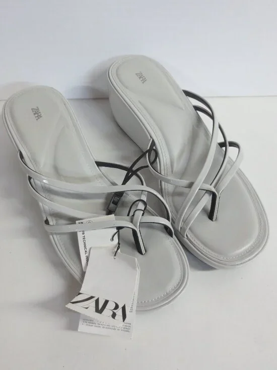 ZARA WOMEN'S STRAPPY WEDGE SLIP ON SANDALS - LIGHT GREY - US 9