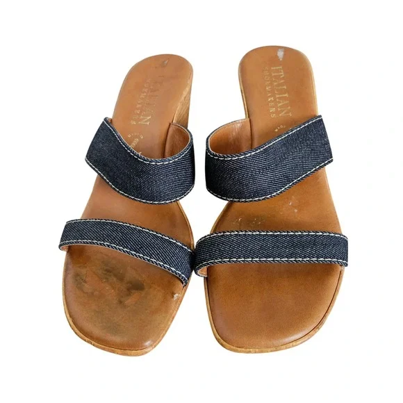 Italian Shoemakers Womens 10 Denim Double Strap Wedge Sandals Made in Italy Blue