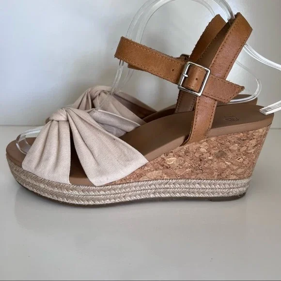UGG Women's Tan Cork Wedge Sandals with Cream Knot Front