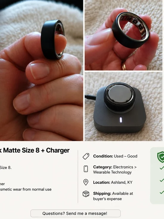 Matte Black Smart Ring with Wireless Charger - Size 8